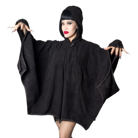 Black Web Hooded Cape Bat Wing Fleece 2 Sizes NWT S-XL 2XL-4XL - Picture 4 of 8